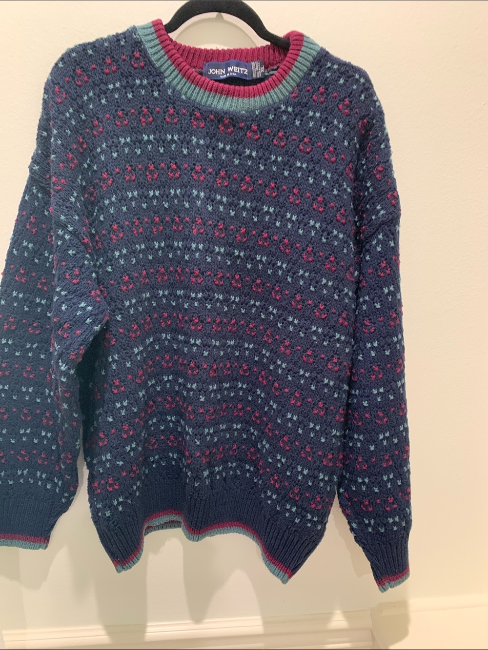 John Weitz Navy Crewneck Patterned Sweater with Pink & Light Blue Accents